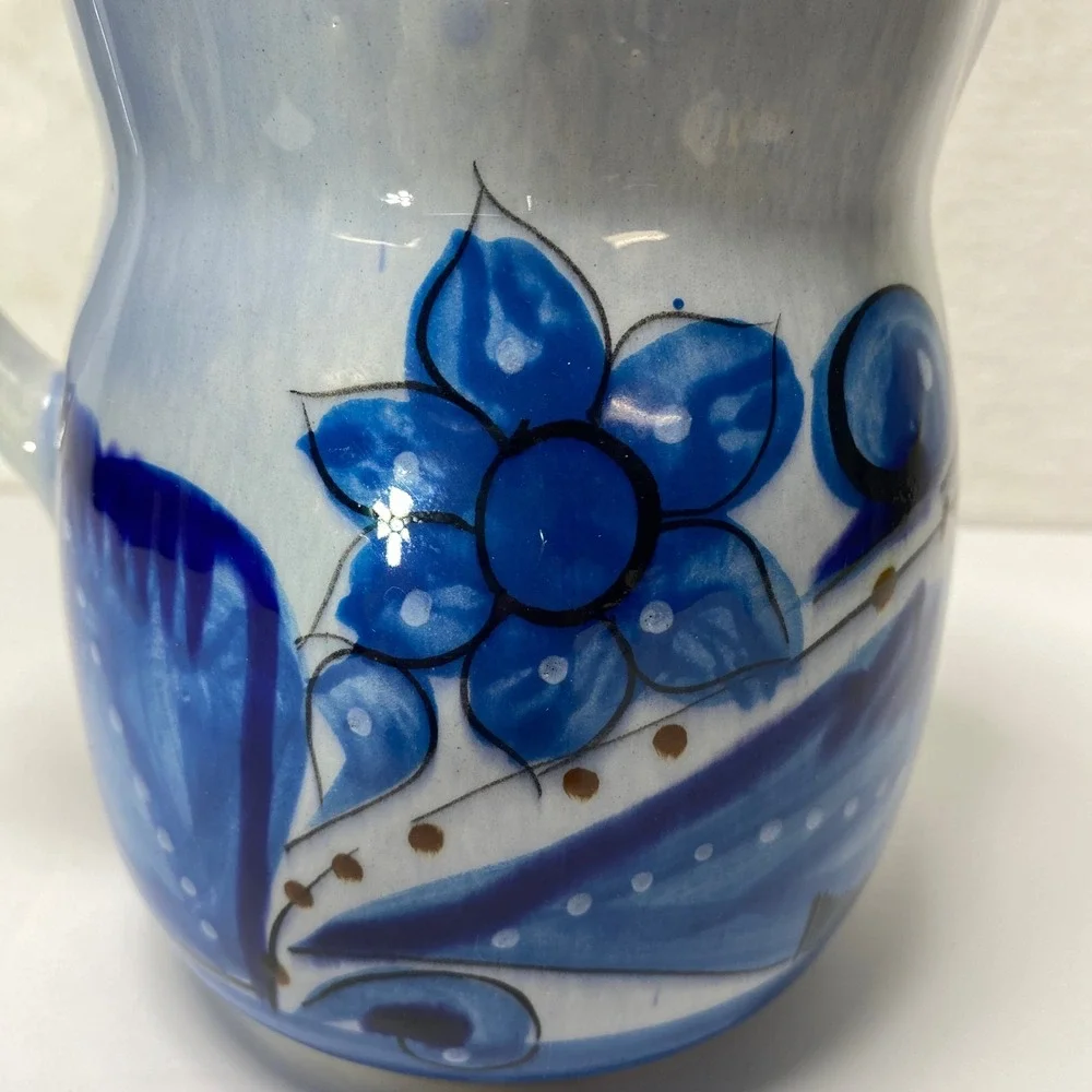 VTG Hand Painted Signed Tonala Mexican Folk Art Ceramic Pitcher Vase Blue Floral